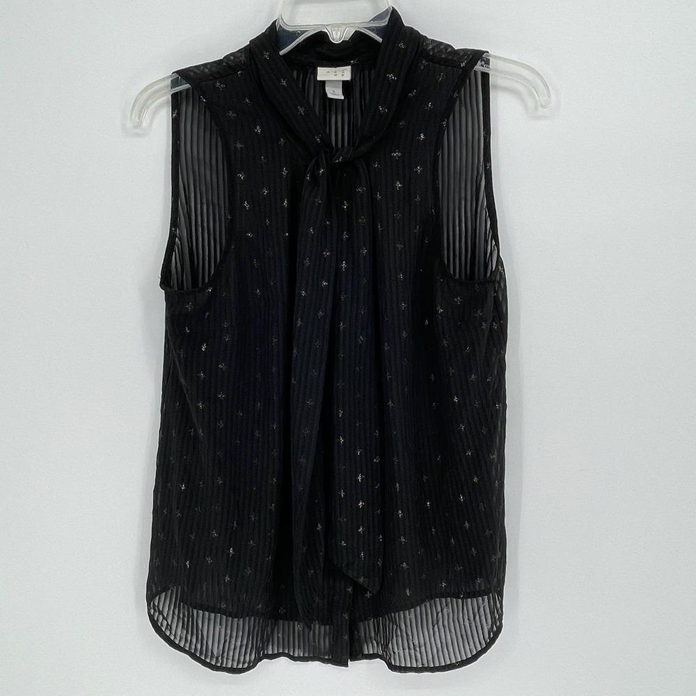 A New Day Women's Black Tie Neck Sheer Metallic Sleeveless Blouse Size L